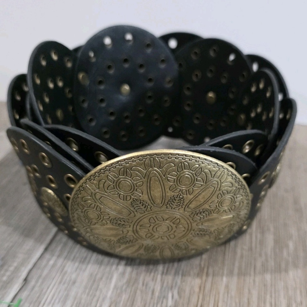 Y2K Wide Womens Belt Concho Leather Metal Buckle Medallion Boho Western Grommet